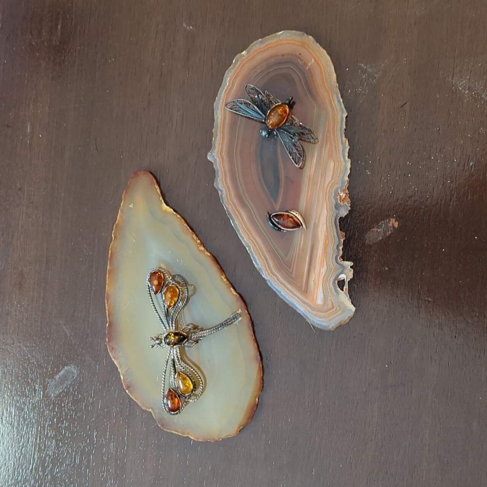 Iron and amber dragonflies on polished stone slices